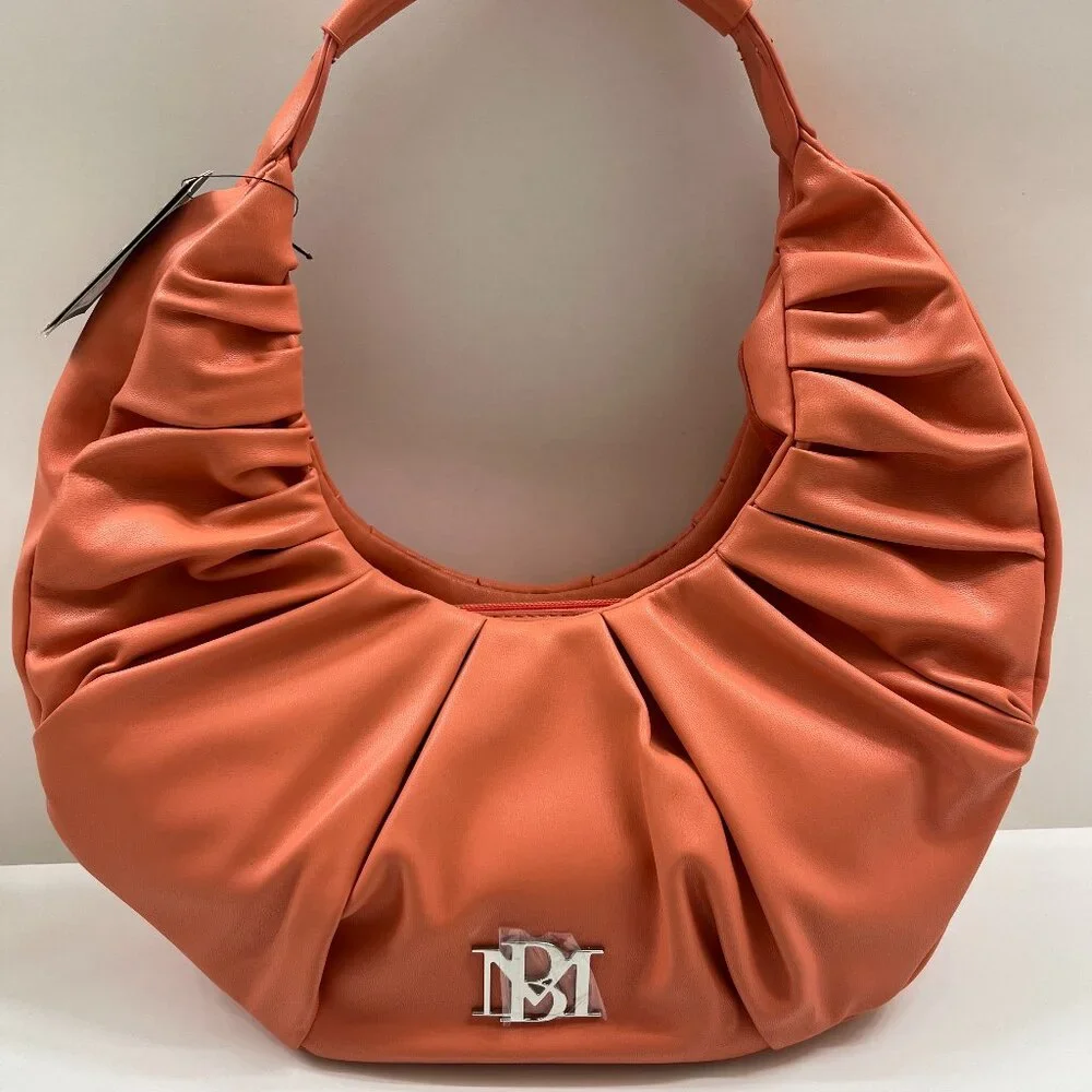 Badgley Mischka - Pleats Shoulder Bag - Coral/ Orange Vegan Leather - NWT